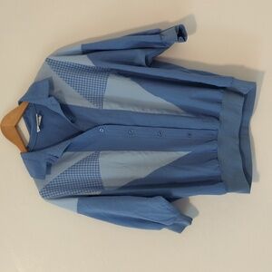 Vintage 80s Cortiva Blue Polyester Pullover Plaid Dolman 3/4 Sleeve Baggy